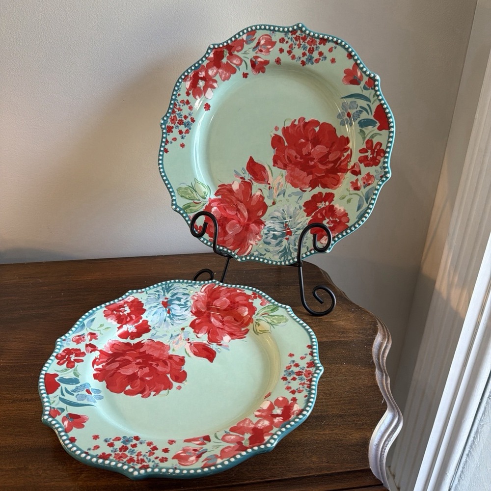Pioneer Woman Garden Floral Set of 2 Dinner Plates Scalloped Edge 10.5"
